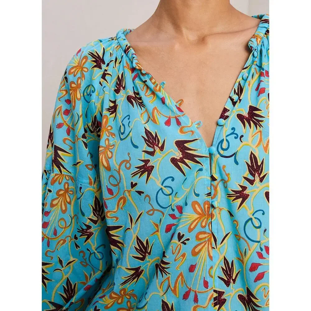 ALC Tropical Cotton Blouse Balloon Sleeve Turquoise 12 Resort Vacation Cruise - Picture 15 of 16